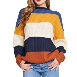Idem ditto Striped Autumnal Color Tie Open Back Crewneck Sweater Size M
